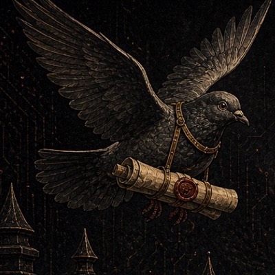 Gateway the carrier pigeon in flight over the castle spires, a sealed scroll strapped to his harness