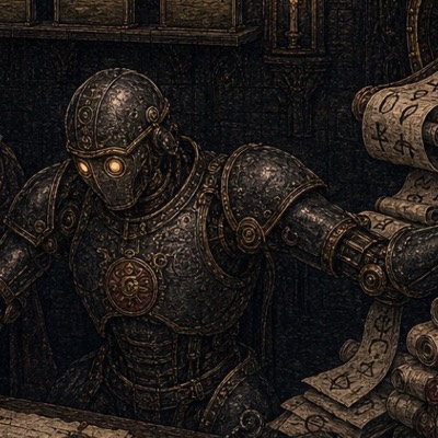 Gerald the golem scribe in his engraved armour, eyes aglow, at work beside an endless scroll of correspondence