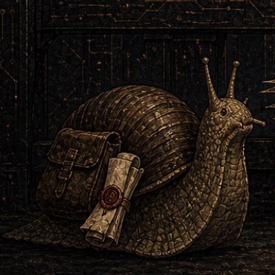 Sir Reginald the royal carrier snail with his leather satchel and a wax-sealed letter marked urgent, making his own time