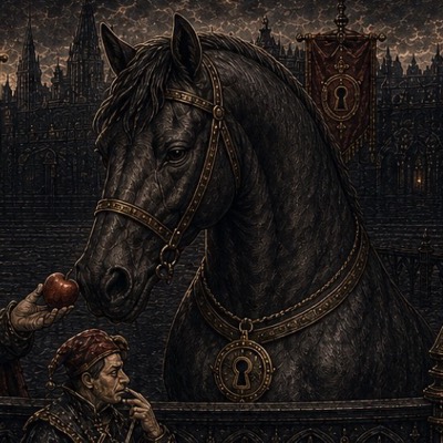 Staple the security horse at his tribunal fence, keyhole medallion at his chest, as an apple is offered in appeal and the Fool ponders beside him