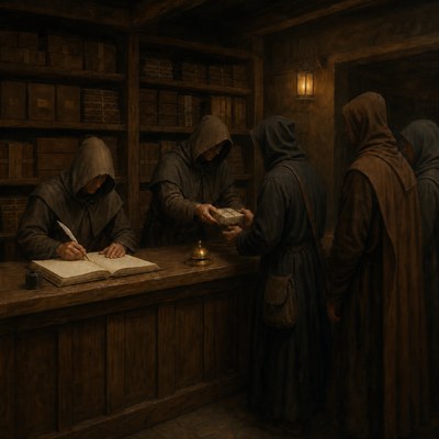A hooded clerk writing in a ledger behind the counter of a well-kept counting house while another hands a wrapped parcel to a waiting customer, a brass service bell on the counter between them