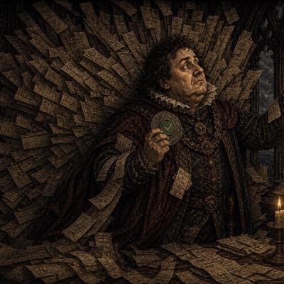 The Duke of a Thousand Tabs engulfed in a spiral of a thousand open scrolls, green-ticked disc in hand, reaching for the window by candlelight with a bowl of kelp at his side