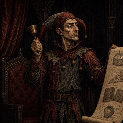 The Court Fool alone at last, bell raised in objection, presenting his illustrated scroll of the oracles' wisdom: the glue pot, the pizza, the invented casebooks and the strawberry