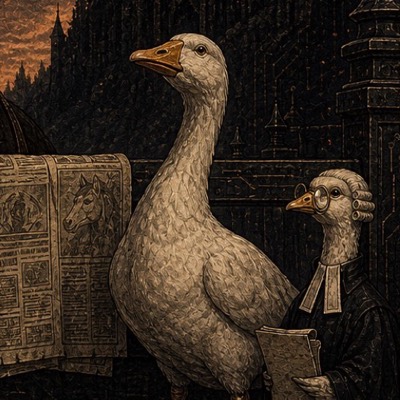The famous goose standing tall beside her wigged barrister, in front of the fence and the morning's horsey news