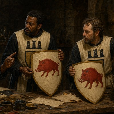 Two heralds in tabards bearing the royal arms, holding up shields painted with slightly different red boars, mid-argument