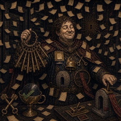 The Idiot Admin beaming beneath a weather of falling sticky notes, the keyring of every privilege held high, the Sacred Chalice green-ticked on his desk beside a large decorative magnet