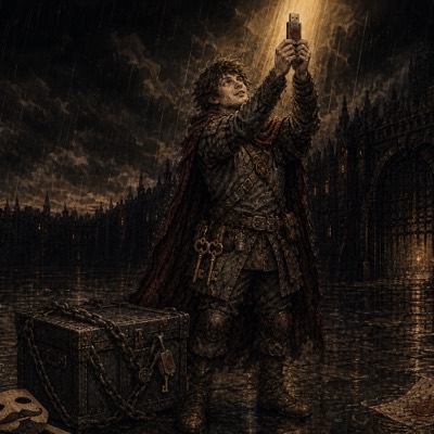 The Squire of Shadow IT in the rain before the castle gates, holding the car-park USB stick aloft like Excalibur as light breaks upon it, a chained chest at his feet