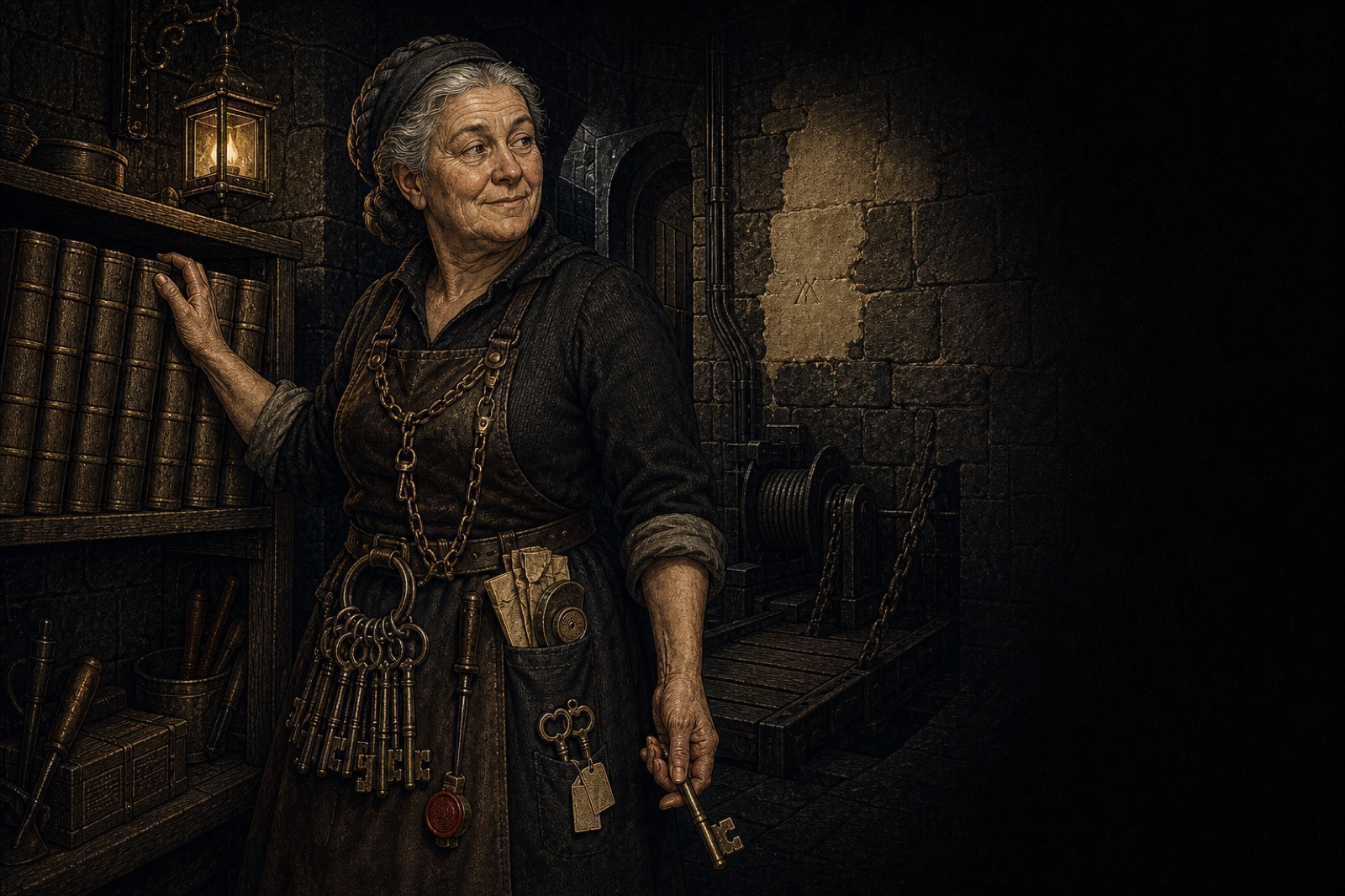 Dame Maud, Chatelaine of the Realm: an older woman with grey hair and an amused half-smile, a great ring of keys at her belt, a key in her hand, reaching for a leather volume on the shelf beside her lantern, with the drawbridge winch and chain in the shadows behind her