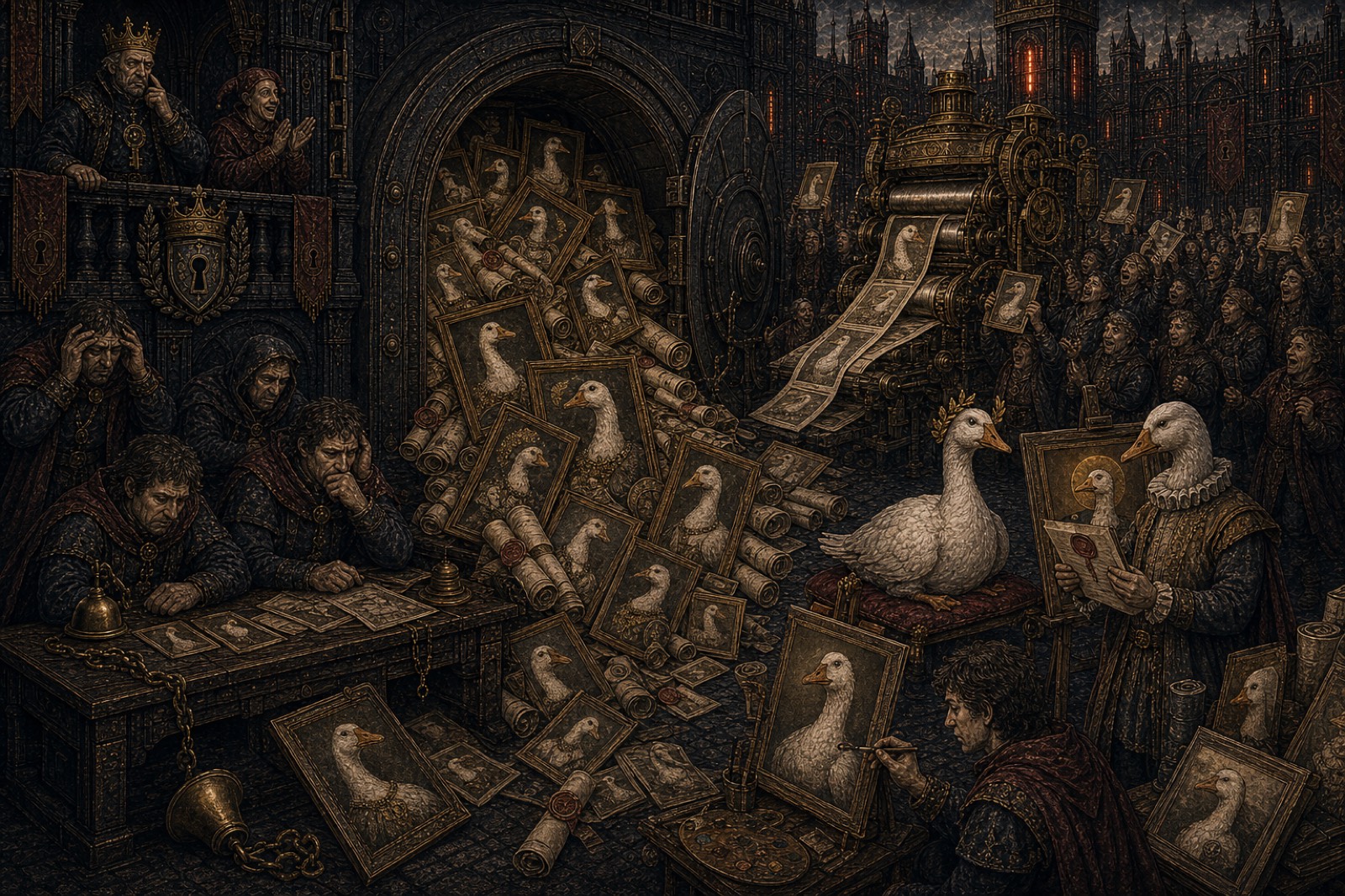 The published geese of the decoy treasury: the brigands' printing press pours out goose portraits into a delighted crowd, the crowned goose sits on her cushion, her wigged barrister goose attends, and the King watches from his balcony with his head in his hand