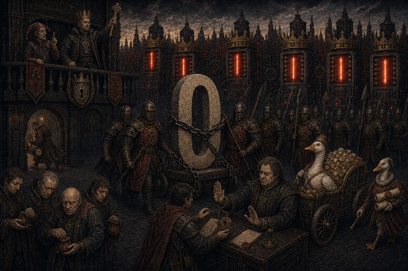 The exile of the number zero: a great stone zero in chains is escorted to the border by royal guards while the ledger boards behind burn with ones and the goose millionaire watches with her counsel