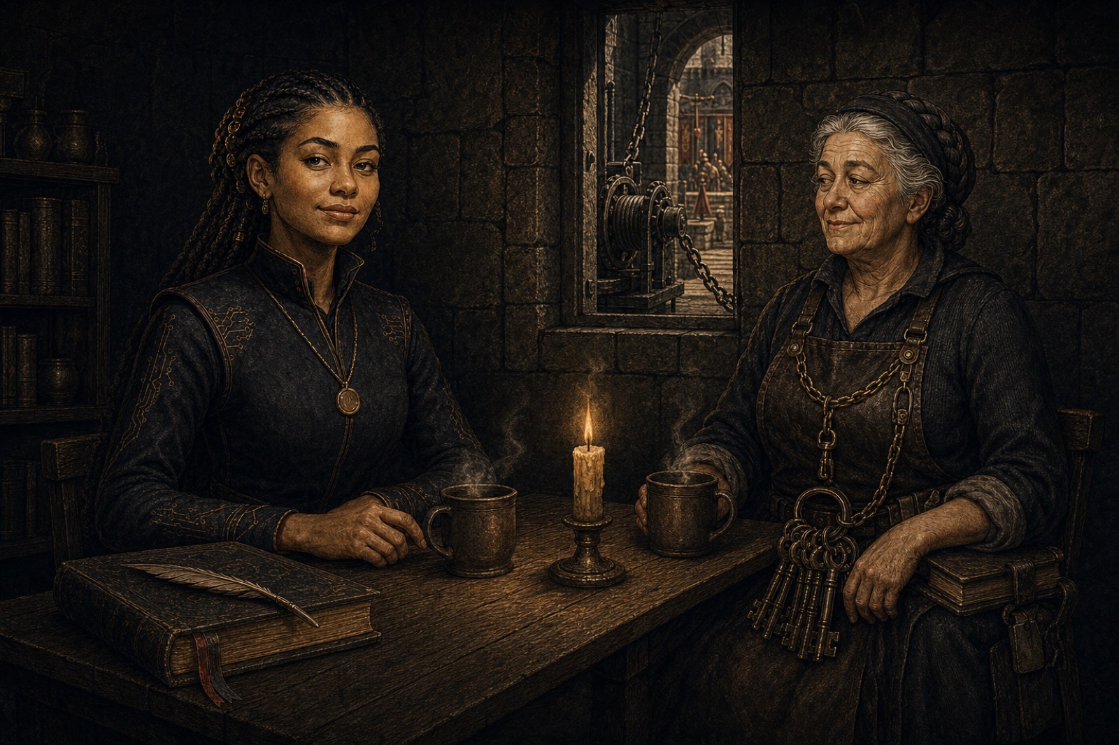 Friday tea in a stone chamber of the keep: Nia the Apprentice and Dame Maud sit at a plain wooden table with two steaming mugs and one candle, her catalogue closed with the quill resting on it, the repaired drawbridge winch visible through the window, both quietly amused and entirely at ease