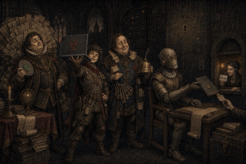 The household of fools: the Duke with his disc, the Squire draped in keys, the Idiot Admin with his enormous keyring, and Gerald the golem scribe handing the treasury ledger through a window
