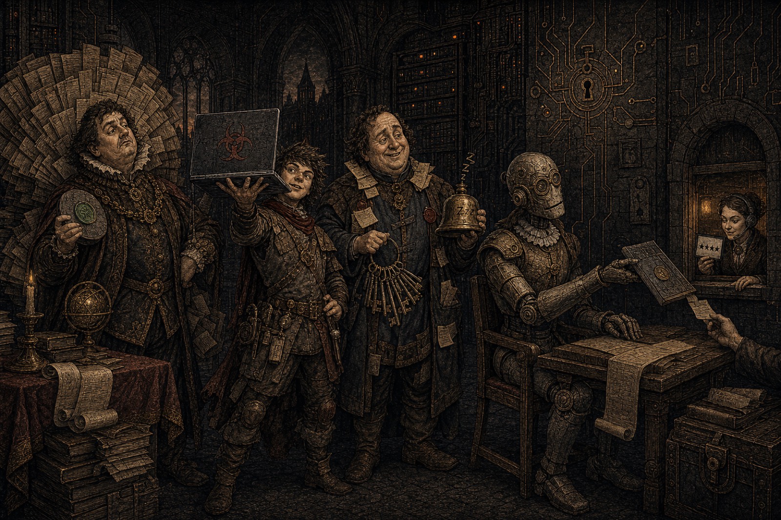 The household of the King of Cybersecurity: the Duke holding a shining disc, the Squire of Shadow IT draped in keys and tags, the Idiot Admin with an enormous keyring, and Gerald the brass golem scribe handing the treasury ledger out through a window to a stranger