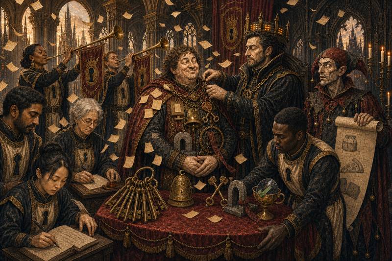 The Idiot Admin beams as the King pins an honour to his chest, sticky notes raining behind, with the awards arranged on velvet: the bell, the keys, and the Sacred Chalice bearing a green tick