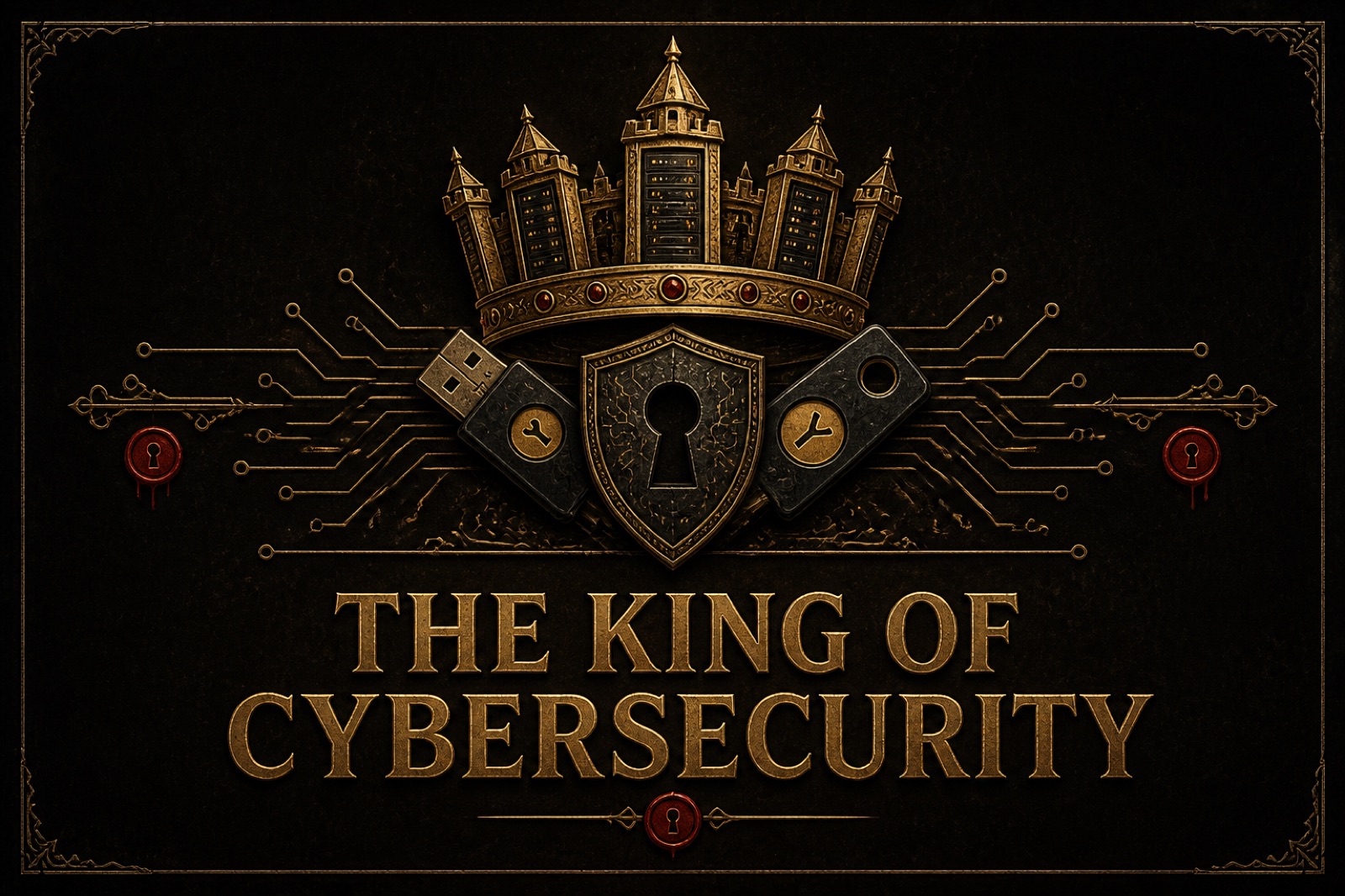 The royal arms of the King of Cybersecurity: a crown of server towers above a keyhole shield, flanked by two USB sticks as ceremonial sceptres, set in engraved circuitry