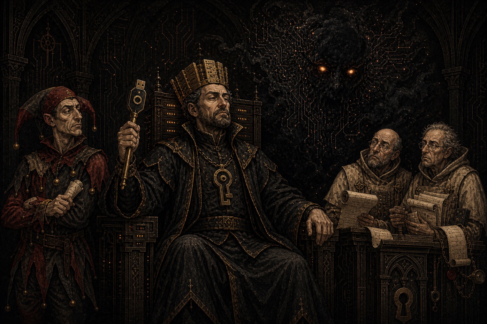 The King of Cybersecurity enthroned with his key sceptre, flanked by the Court Fool and two scribes with scrolls, while the Pretender shows as a face in the dark circuitry behind the throne
