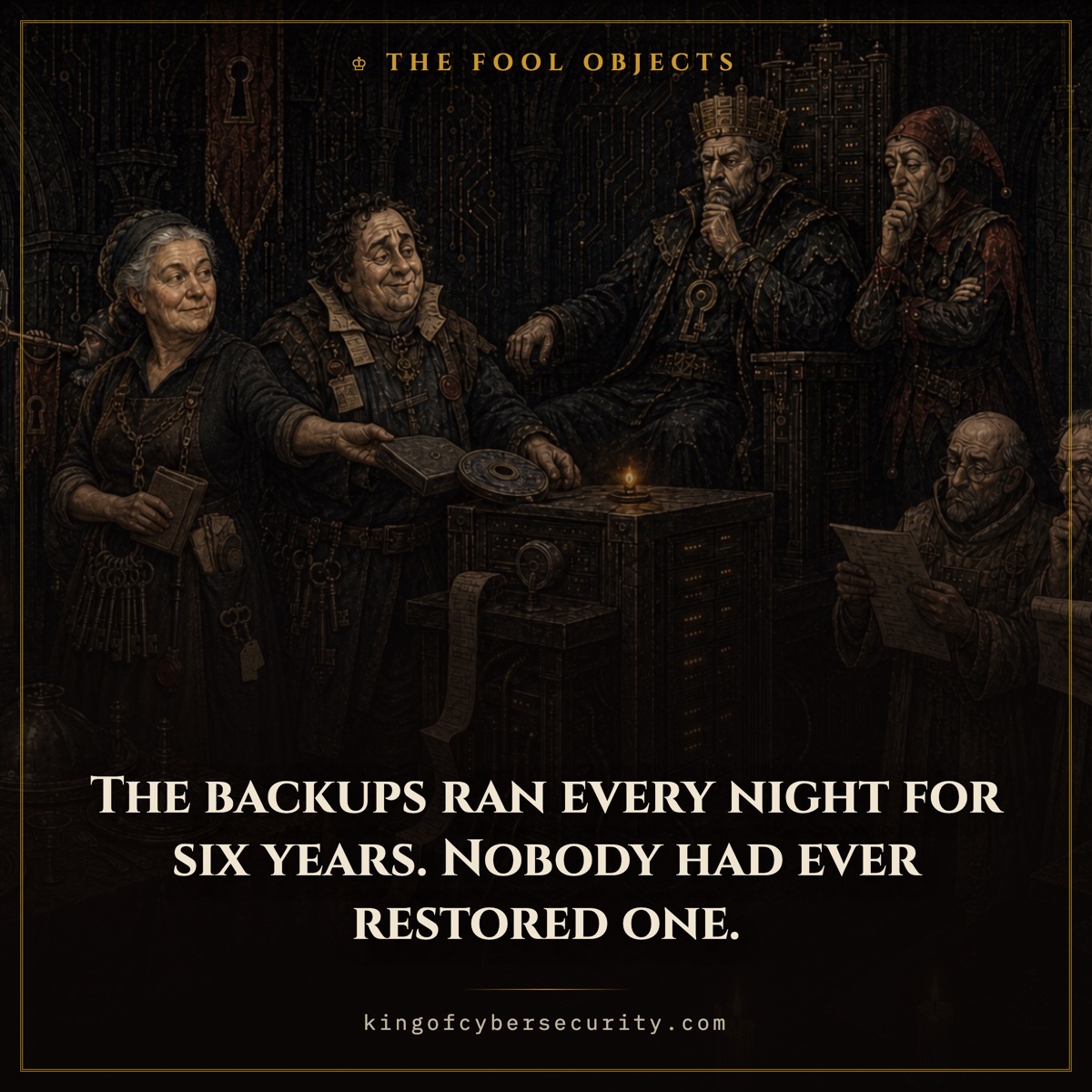 Backup meme: six years of nightly backups nobody ever restored, as a feast that never arrives