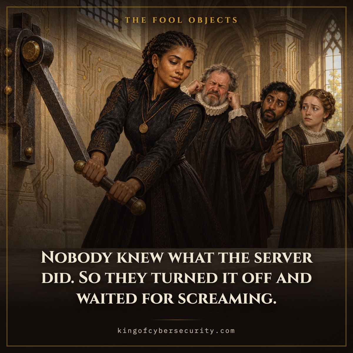 Sysadmin meme: a woman pulling a great iron lever while clerks watch in alarm, one with fingers in his ears. Caption: Nobody knew what the server did. So they turned it off and waited for screaming.