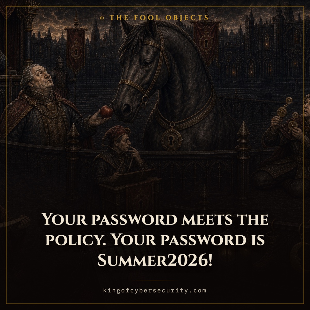 Password meme: a password that meets the policy and is Summer2026, judged by a horse at a medieval tribunal