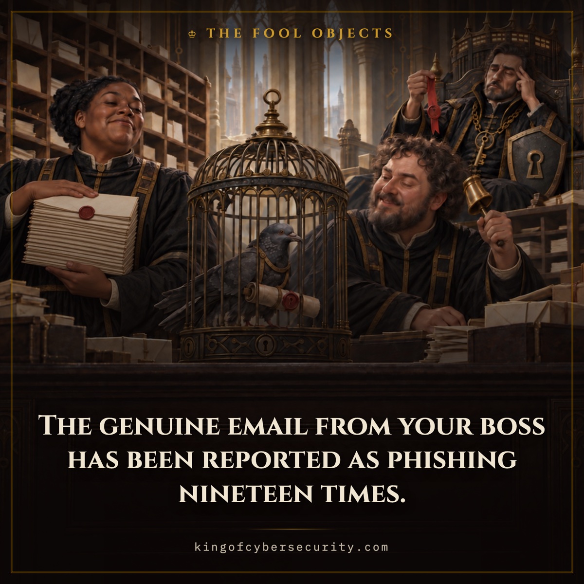 Phishing meme: a pigeon caged with a sealed letter while a clerk files a thick stack of identical reports. Caption: The genuine email from your boss has been reported as phishing nineteen times.