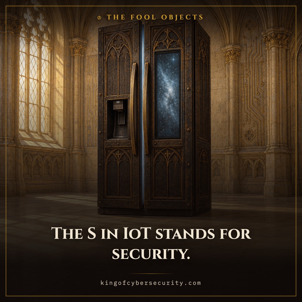 IoT meme: an ornate gothic refrigerator standing alone in a bright stone hall with a galaxy on its screen. Caption: The S in IoT stands for security.