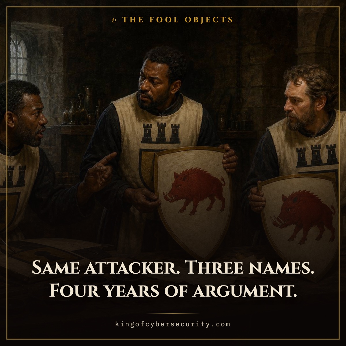 Threat actor meme: one attacker with three names, as three heralds arguing over shields of red boars