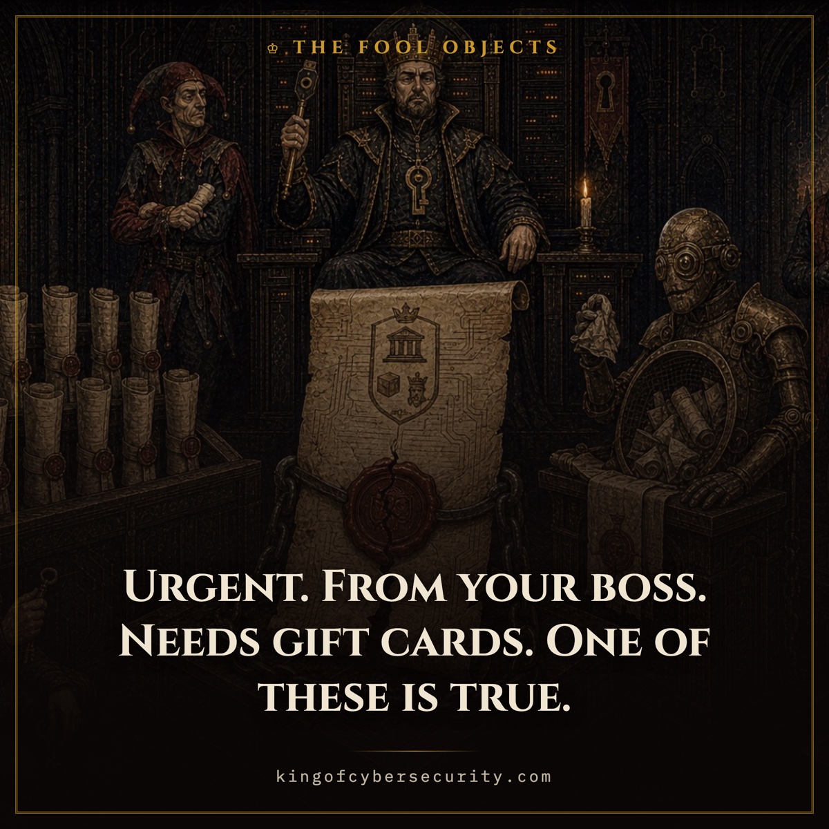 Phishing meme: an urgent email from your boss asking for gift cards, on trial as a hooded envelope