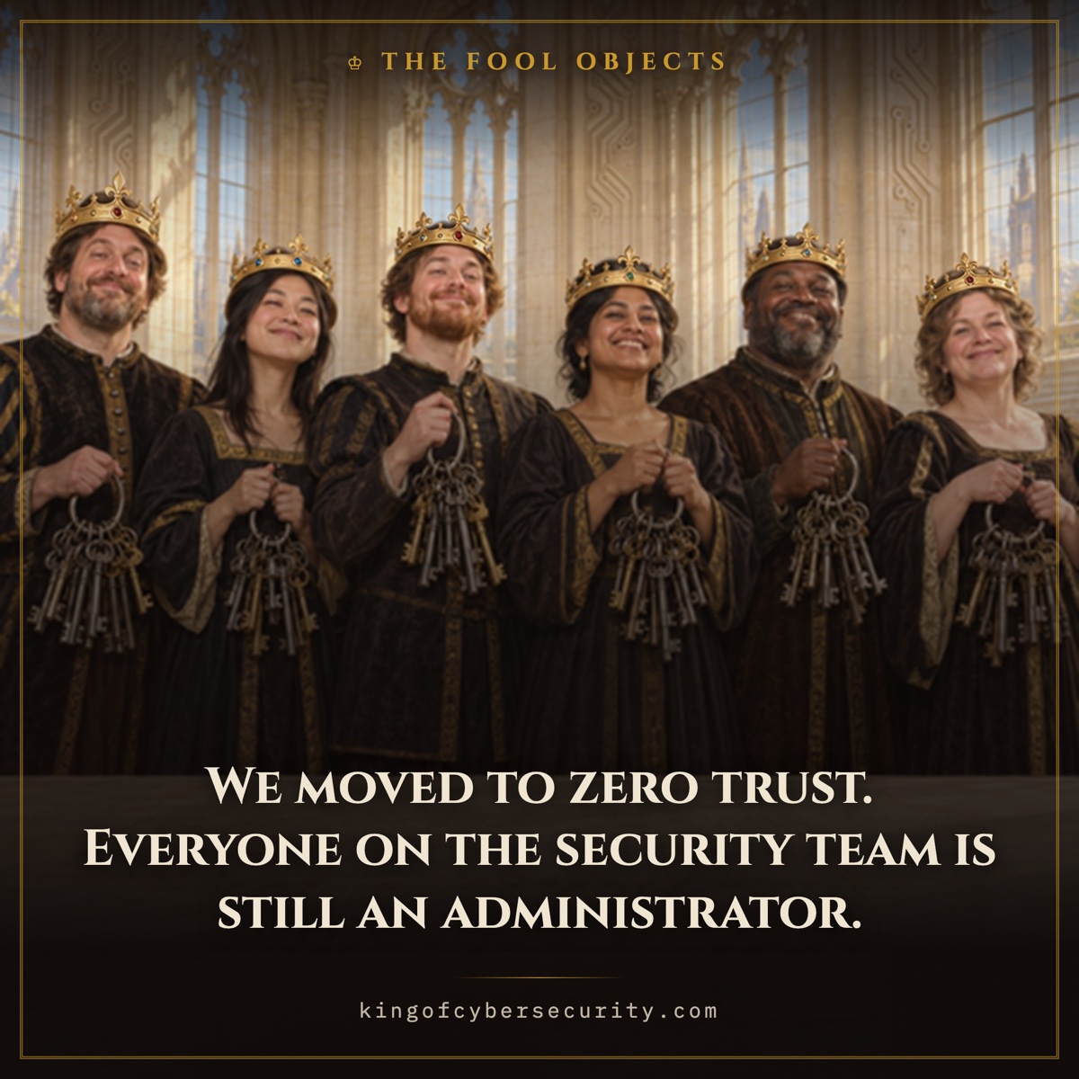 Zero trust meme: six courtiers in a row, each wearing an identical crown and carrying a ring of keys. Caption: We moved to zero trust. Everyone on the security team is still an administrator.