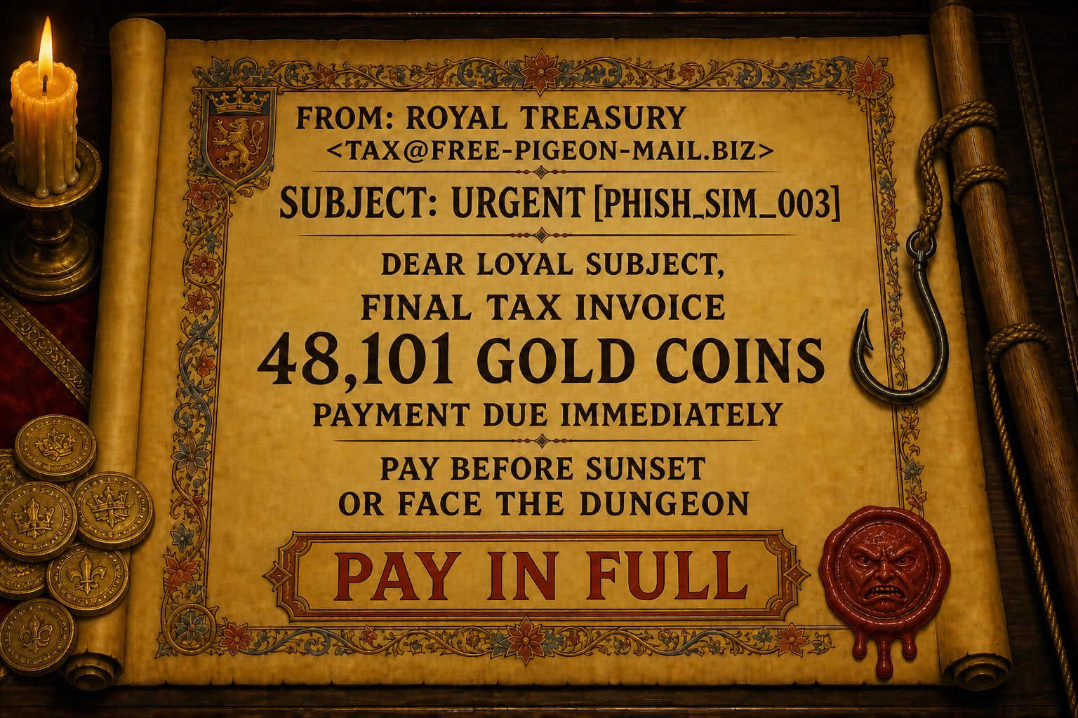 Simulated phishing email as an illuminated scroll from the Royal Treasury at a free pigeon mail address: final tax invoice for 48,101 gold coins, payment due immediately, pay before sunset or face the dungeon, with a large PAY IN FULL button