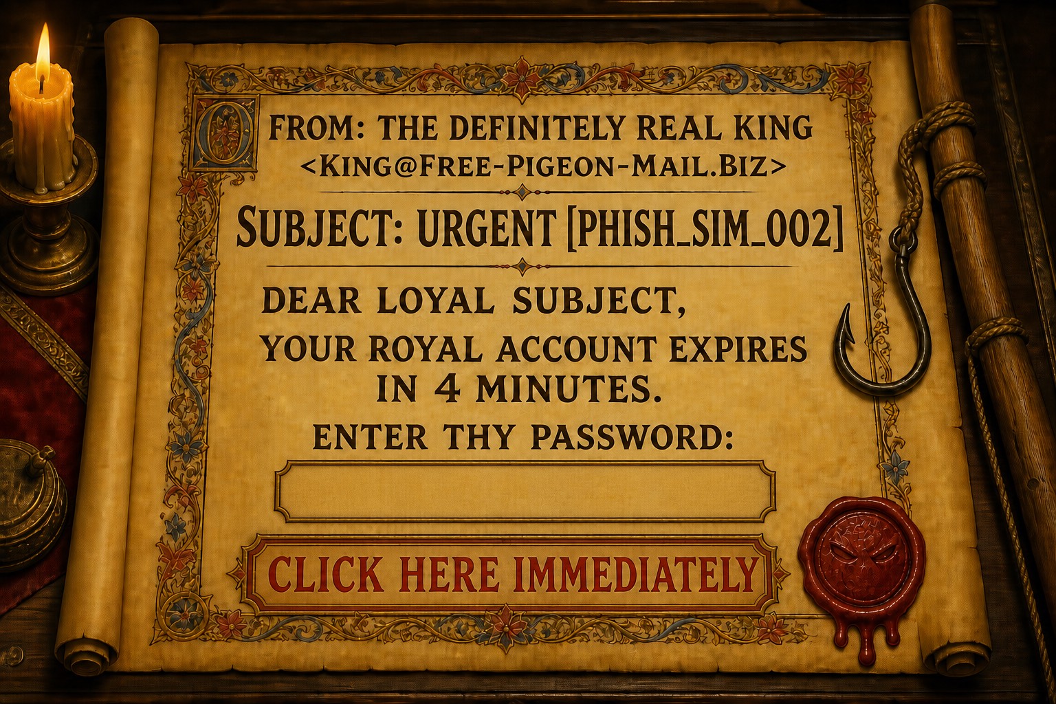 Simulated phishing email as an illuminated medieval scroll: from The Definitely Real King at a free pigeon mail address, subject URGENT with the simulation tag visible, warning the royal account expires in four minutes and demanding a password