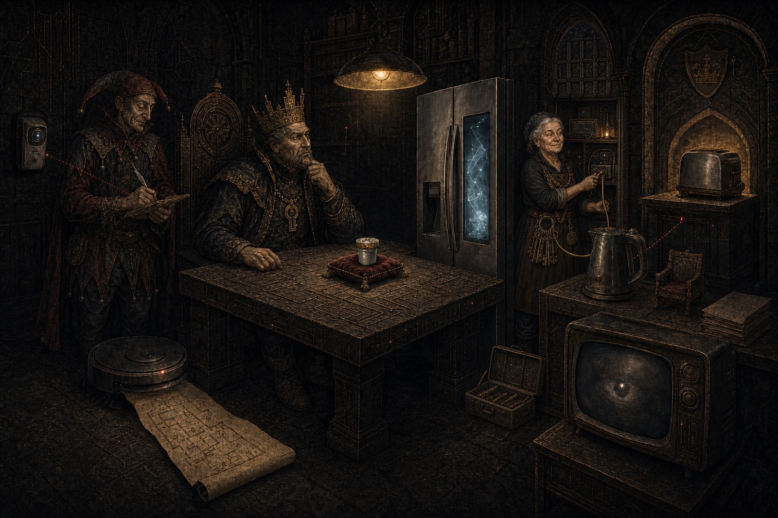 The midnight royal inquiry into the smart home: the King of Cybersecurity and the Court Fool question a towering smart fridge displaying a galaxy on its screen, the robot vacuum waits beside its unrolled map, the television watches with a single eye, and at right Dame Maud calmly wires the kettle and toaster into the guest network