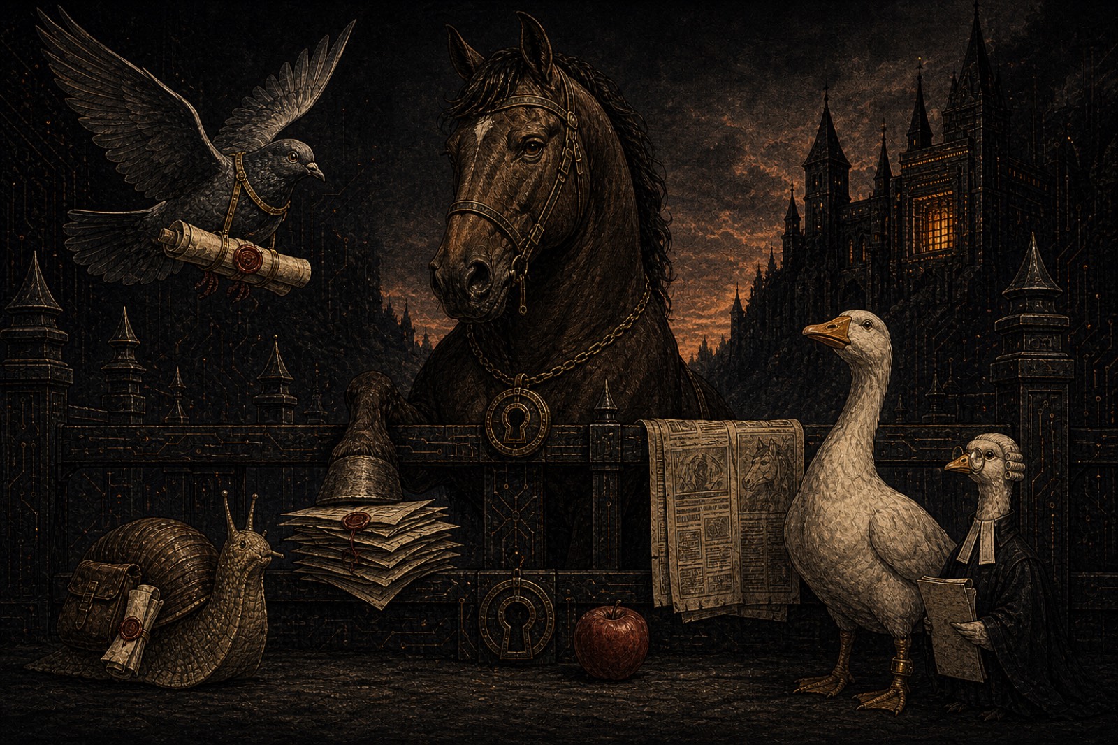 The animals of the King of Cybersecurity's court: Staple the horse with his keyhole medallion, Gateway the carrier pigeon in flight with a sealed scroll, Sir Reginald the snail, and the famous goose with her wigged barrister
