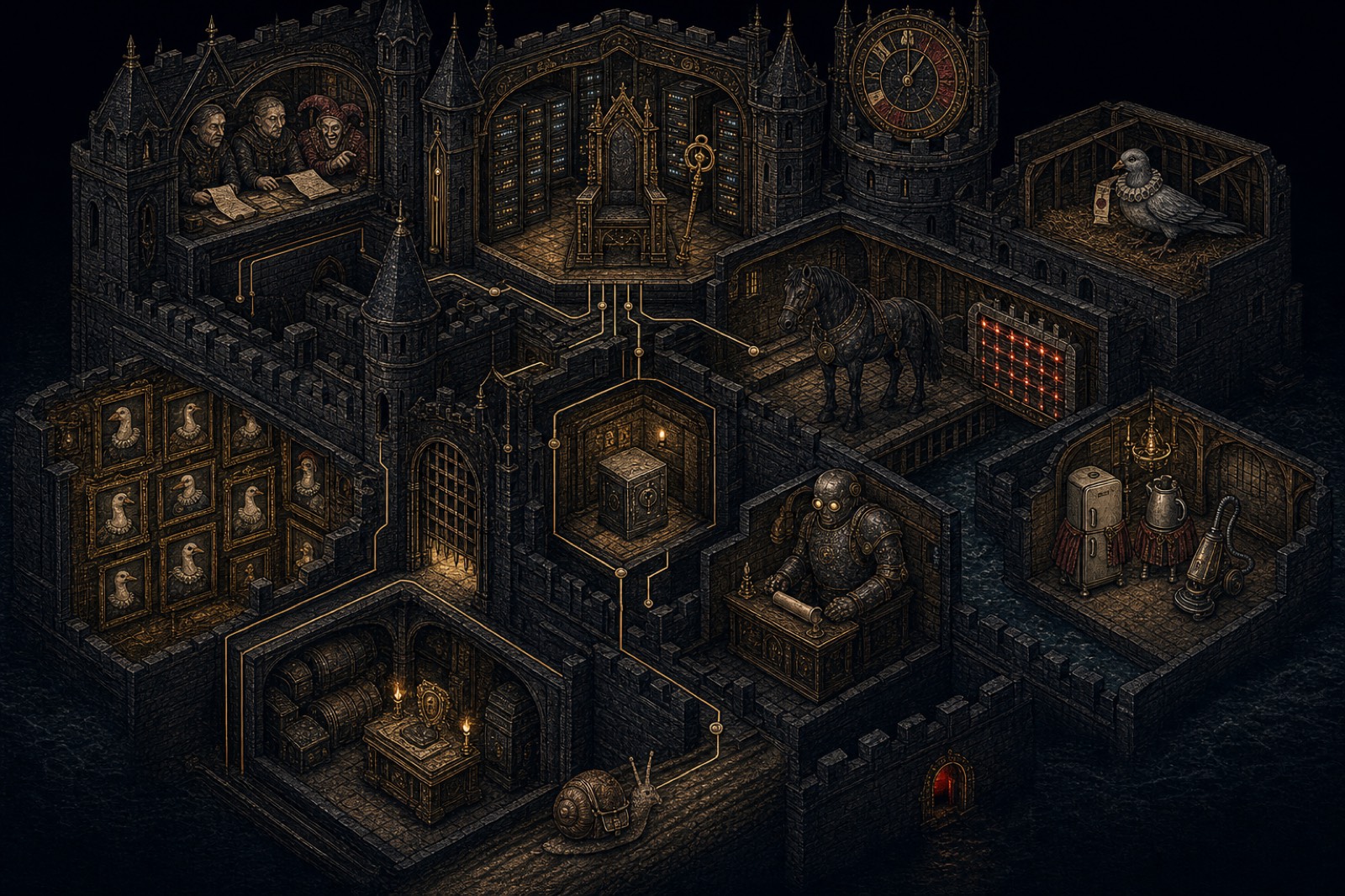 Isometric map of the King of Cybersecurity's castle: the throne room, the library of the learned, Staple's chamber, Gateway's tower, the gallery of goose portraits, the golem scribe's cell, the exiled fridge and kettle in their quarters, Sir Reginald in the courtyard, and the glowing red threat ledger wall