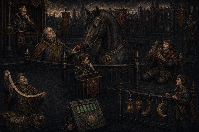Staple's password tribunal: the great dark horse presides at the paddock fence while the Chancellor appeals with an apple and supplicants queue with their offerings