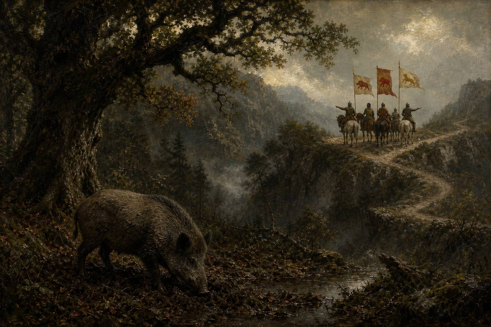An ordinary wild boar roots peacefully beneath an oak in a wooded valley while, far above on a ridge, a royal expedition rides away carrying three conflicting boar standards