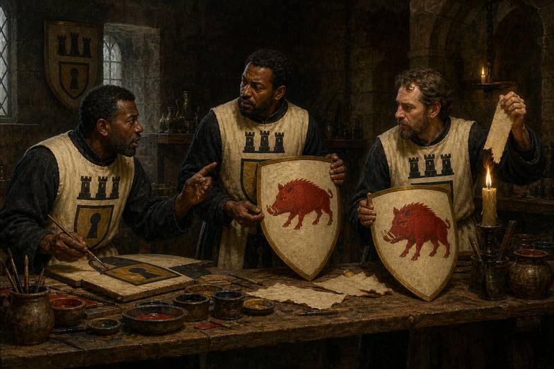 Three heralds in tabards arguing over two shields painted with slightly different red boars