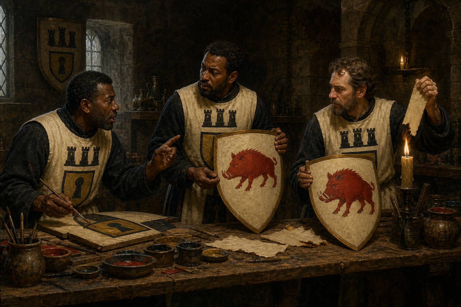 Three heralds in tabards bearing the royal arms at a table strewn with paint pots, brushes and half-finished shields; two of them hold up shields painted with slightly different red boars while the third studies a scrap of charred parchment by candlelight