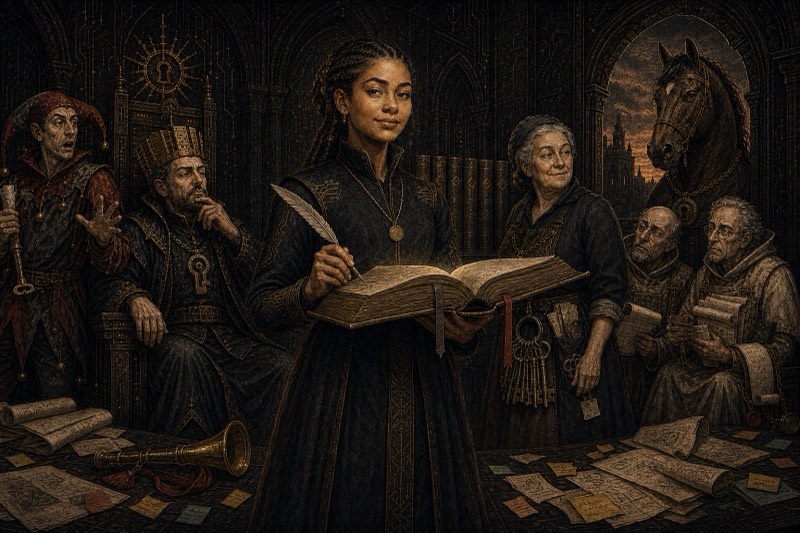 Nia the Apprentice reads from her catalogue at the calm bright centre of the court while the King ponders, the Fool objects, Maud beams with pride and Staple listens at the window