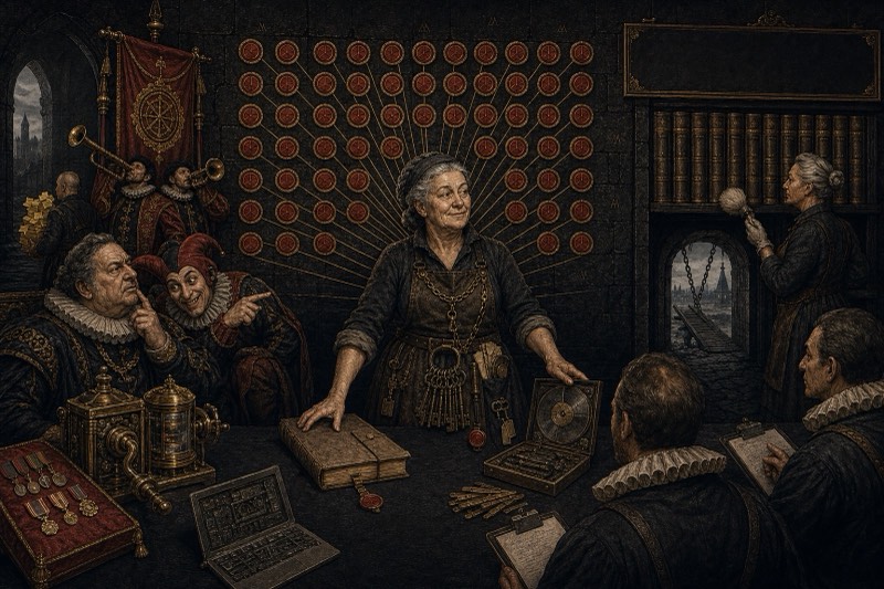Dame Maud stands smiling before a wall of forty-one red wax seals as ruffed auditors verify their clipboards, the Fool gestures in triumph and the trumpets wait for a cue that never comes
