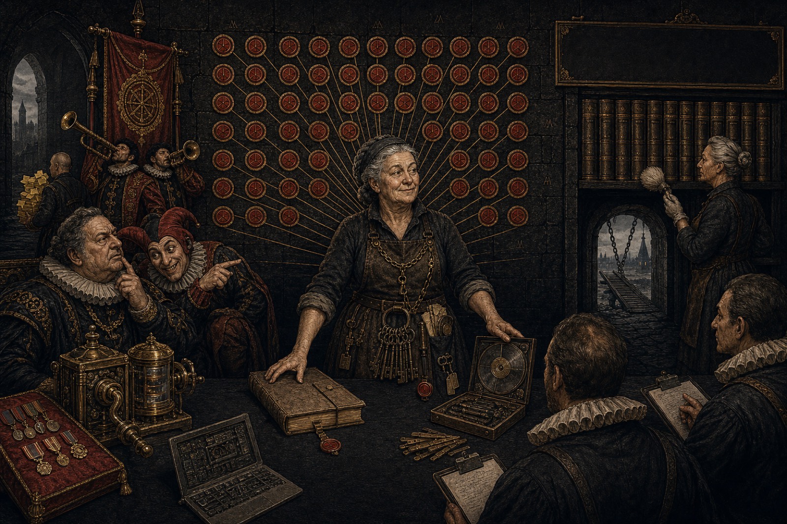 The Grand Audit at the court of the King of Cybersecurity: Dame Maud stands at the evidence table before a wall of forty-one red wax seals, her ledger and keys before her, as ruffed auditors check their clipboards, the Court Fool points in delight, the trumpeters wait in the corner, and the librarian dusts the shelved volumes at right
