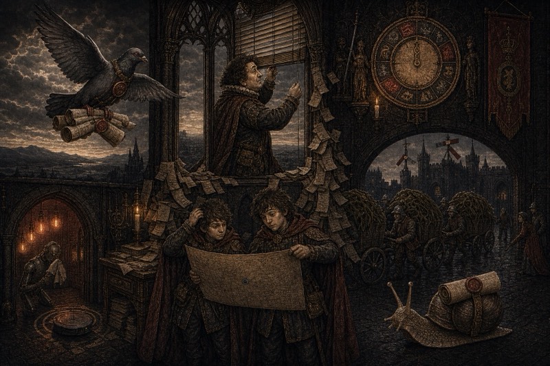 The Great Silence: Gateway the pigeon flies in with newspaper strips while the Duke peers through his blinds, the princes puzzle over a paper map, and the kelp wagons arrive