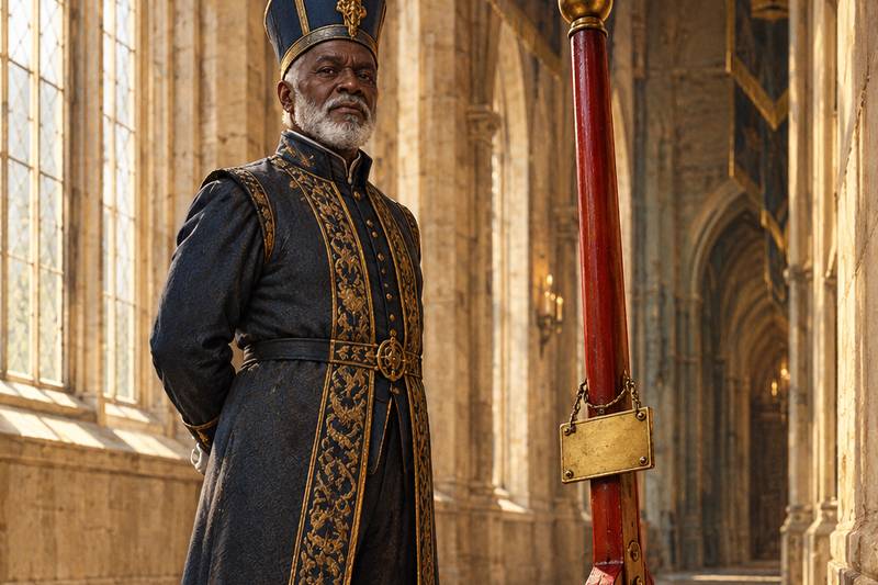 The Keeper of the Lever on duty in a sunlit hall beside a tall red lever, guarding the realm's means of control