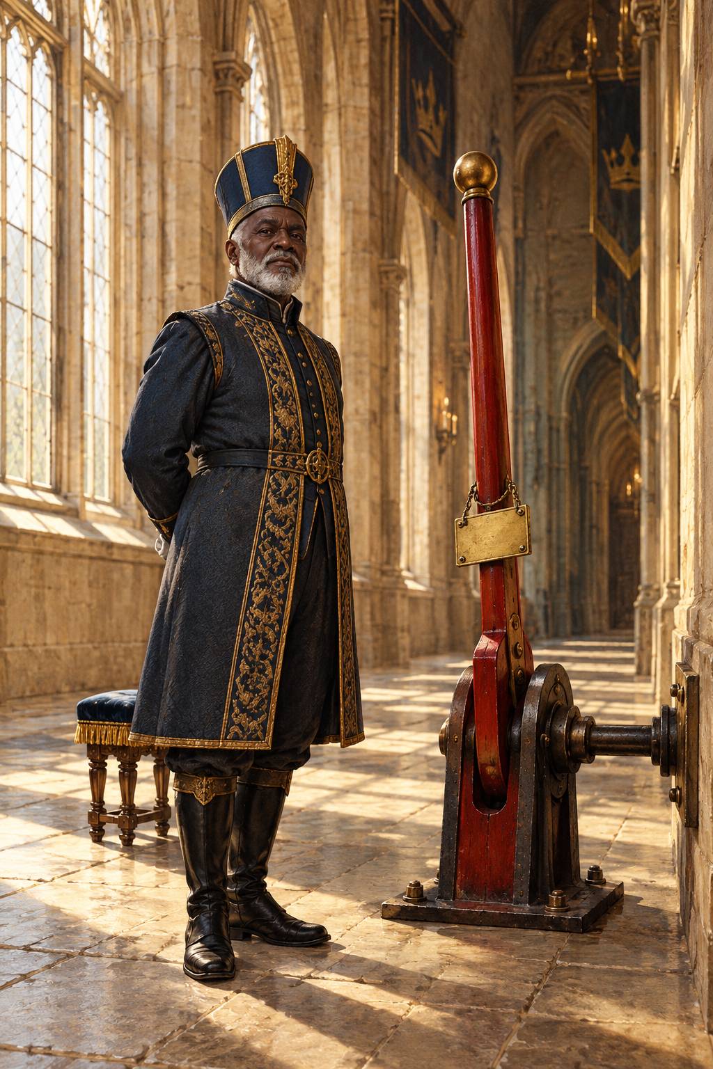 The Keeper of the Lever standing to attention in a sunlit gothic hall, in a blue and gold coat and a tall ceremonial hat, beside a tall red lever bolted to the flagstones, a brass label hanging from it on a chain and its linkage running into the wall