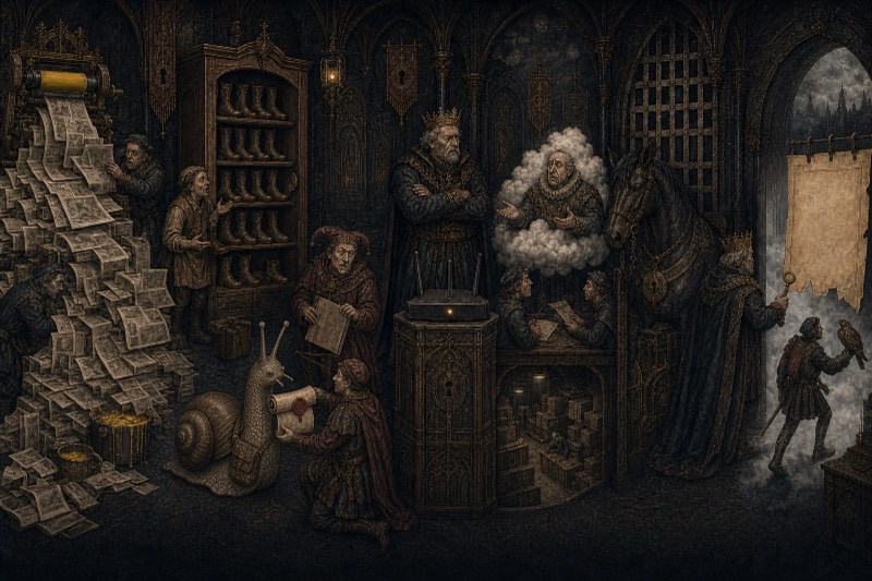 The royal safety measures in production: the press prints the internet into a mountain, the shelf of left boots stands ready, the King stares down the router, and a cloud is interviewed at the desk