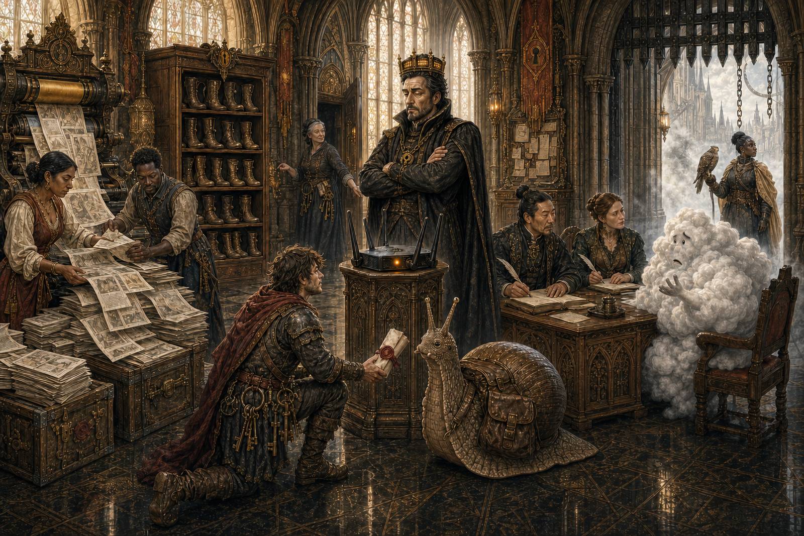 The King's official safety measures in full operation: two printers feed the printed internet onto a mountain of stacked sheets, the shelf of seventeen left boots stands behind them, the King stands with folded arms staring down a router on a pedestal, two clerks interview a cloud of good family at a desk, a kneeling squire hands a wax-sealed urgent letter to Sir Reginald the carrier snail, Dame Maud passes through the background with her keys, and the falconer waits in the mist at the far gate