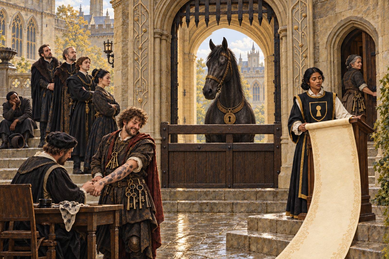 A castle gatehouse in daylight: a solid black horse in a gold bridle and keyhole medallion stands behind a heavy oak barrier built across the archway, a queue of courtiers waits on the steps to the left, a herald in a keyhole tabard reads from a vast blank scroll that unrolls down the steps, a bearded man draped in keys holds out an ink-covered forearm to a seated clerk, and an older woman with a ring of keys at her belt slips out through a small side door