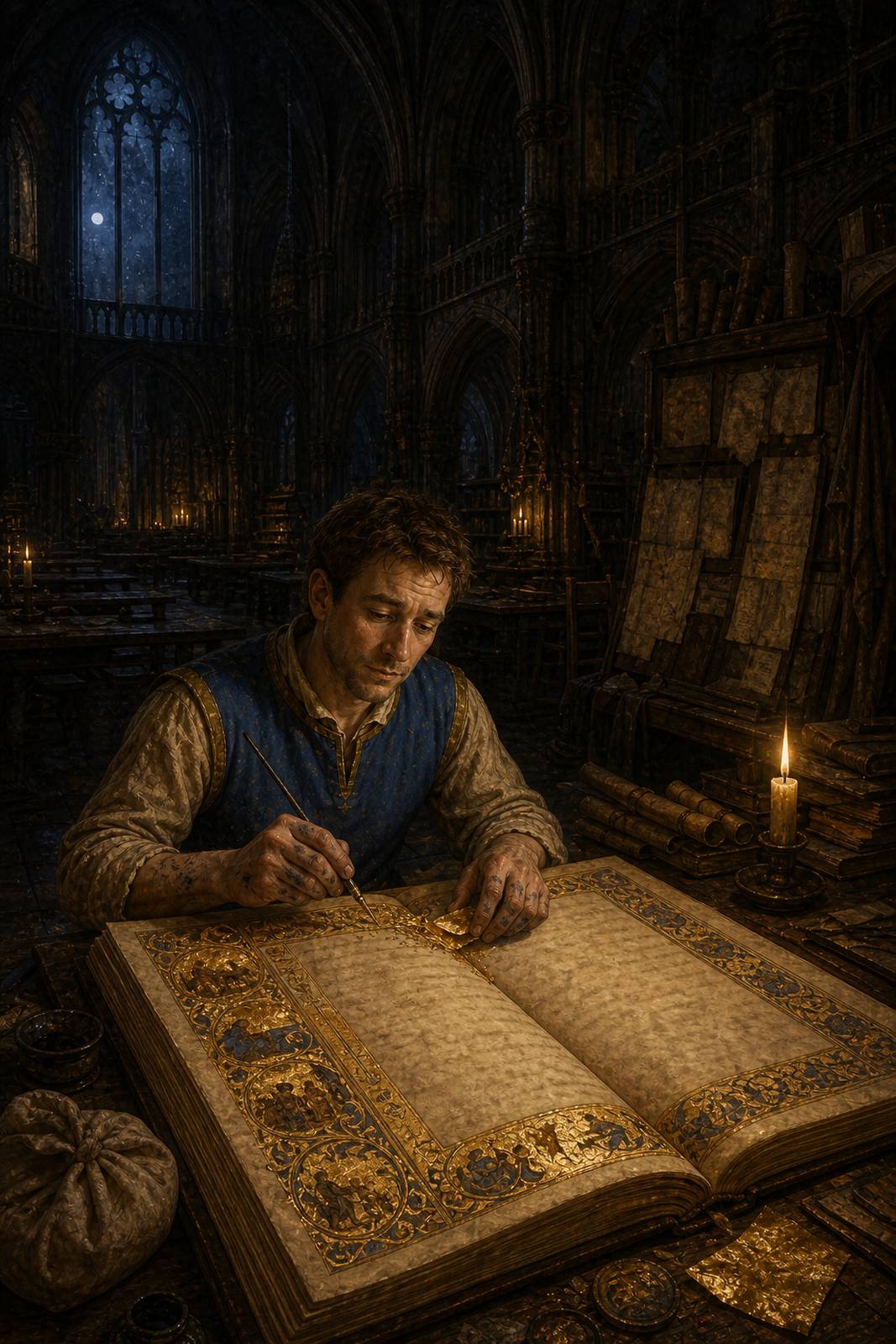 The Page alone at night in the empty scriptorium, working by a single candle, laying gold leaf on the illuminated margin of the great Royal Threat Ledger, his packed lunch cloth beside him and moonlight in the high window