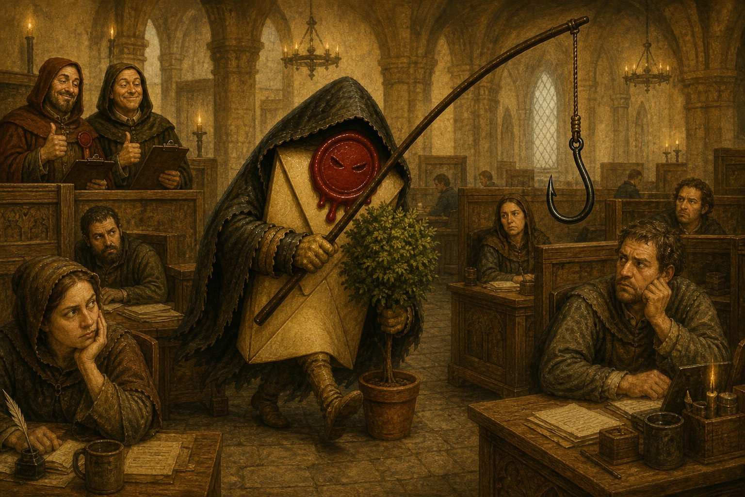 A phishing simulation in the court of the King of Cybersecurity: the hooded envelope rogue with a wax seal face and fishing rod walks the scriptorium disguised behind a potted bush, unnoticed by working courtiers, while two of the learned score the exercise with clipboards