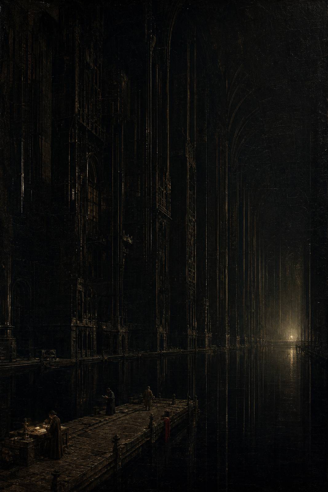 A vast dark gothic hall rising out of still black water, its far end lost in shadow, a single distant point of golden light reflected on the surface, and three small figures at work on a stone walkway in the foreground, one of them reading at a lectern by lamplight