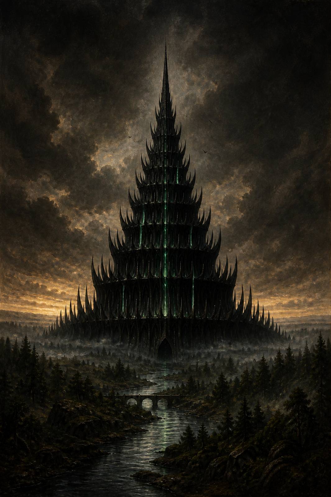 The Pretender's seat: a colossal tiered black spire crowned with hundreds of curved spines, rising out of dark forest beneath a storm-gold sky, a thin cold green light burning down its core, with a river and a small stone bridge leading towards the gate at its foot